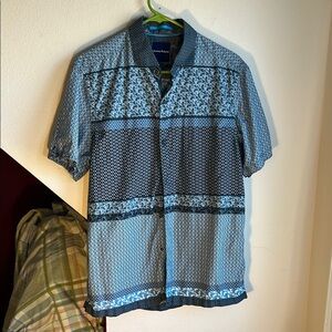 Tommy Bahama‎ Cotton/Silk Blue Patterned Shirt sleeve button detail S/P